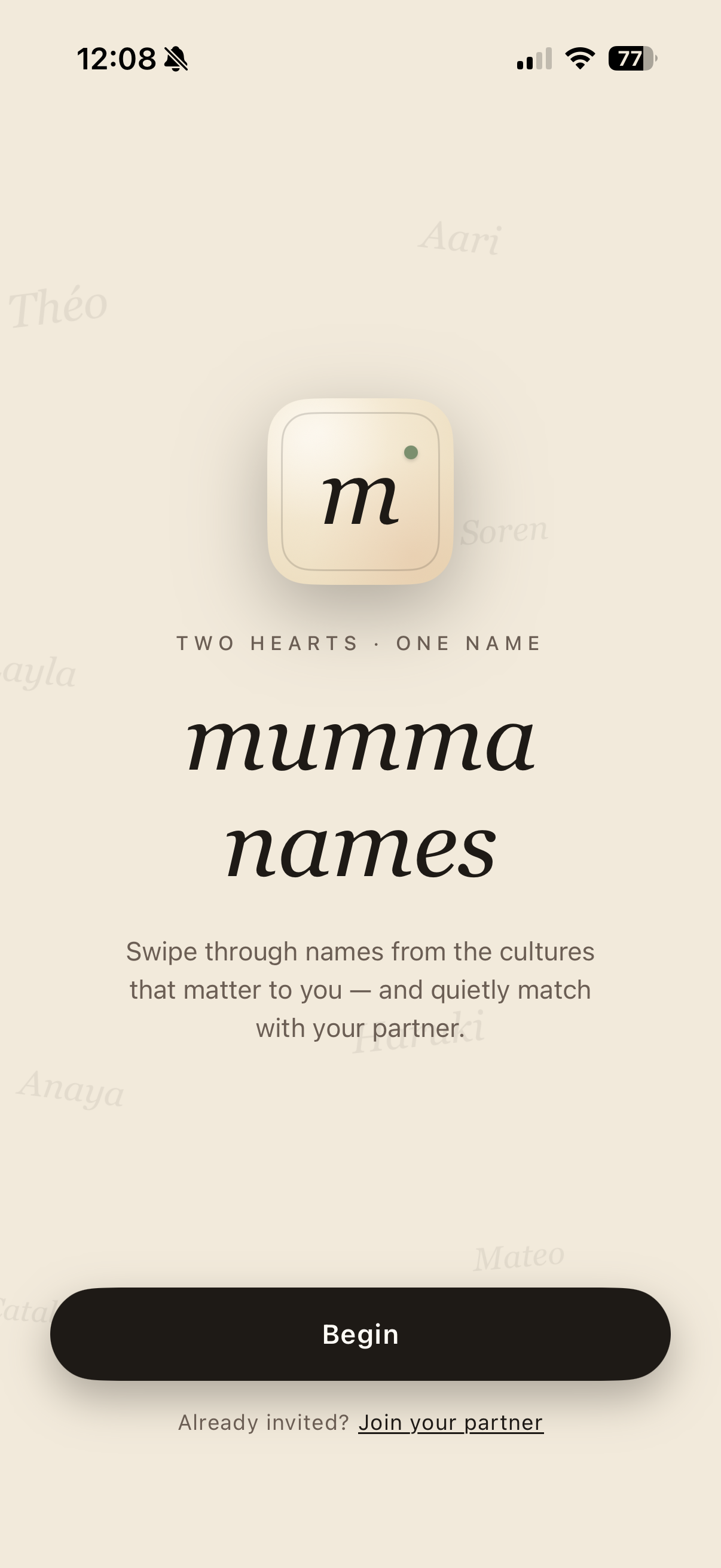 Mumma Names welcome screen